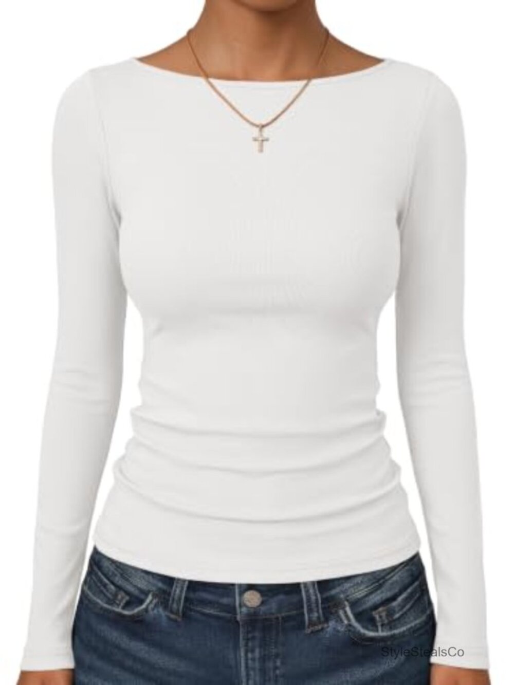 Womens Boat Neck Long Sleeve Thermal T-Shirt Slim Fit Ribbed Knit